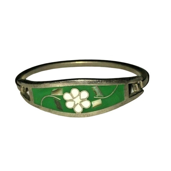 Vtg Mother Pearl Green Enamel Inlay Mexican Silve… - image 1
