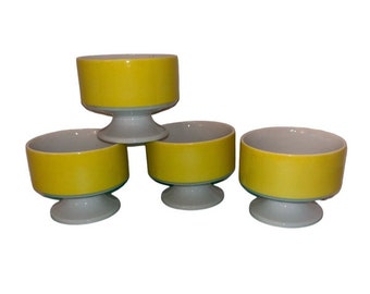Vintage Yellow White MCM Footed Sherbet Ice Cream Dessert Dish Bowl Set 4