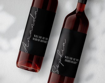 Minimalist Script Bridesmaid Wine Label, Black Wedding Favor (Printable Instant Download)