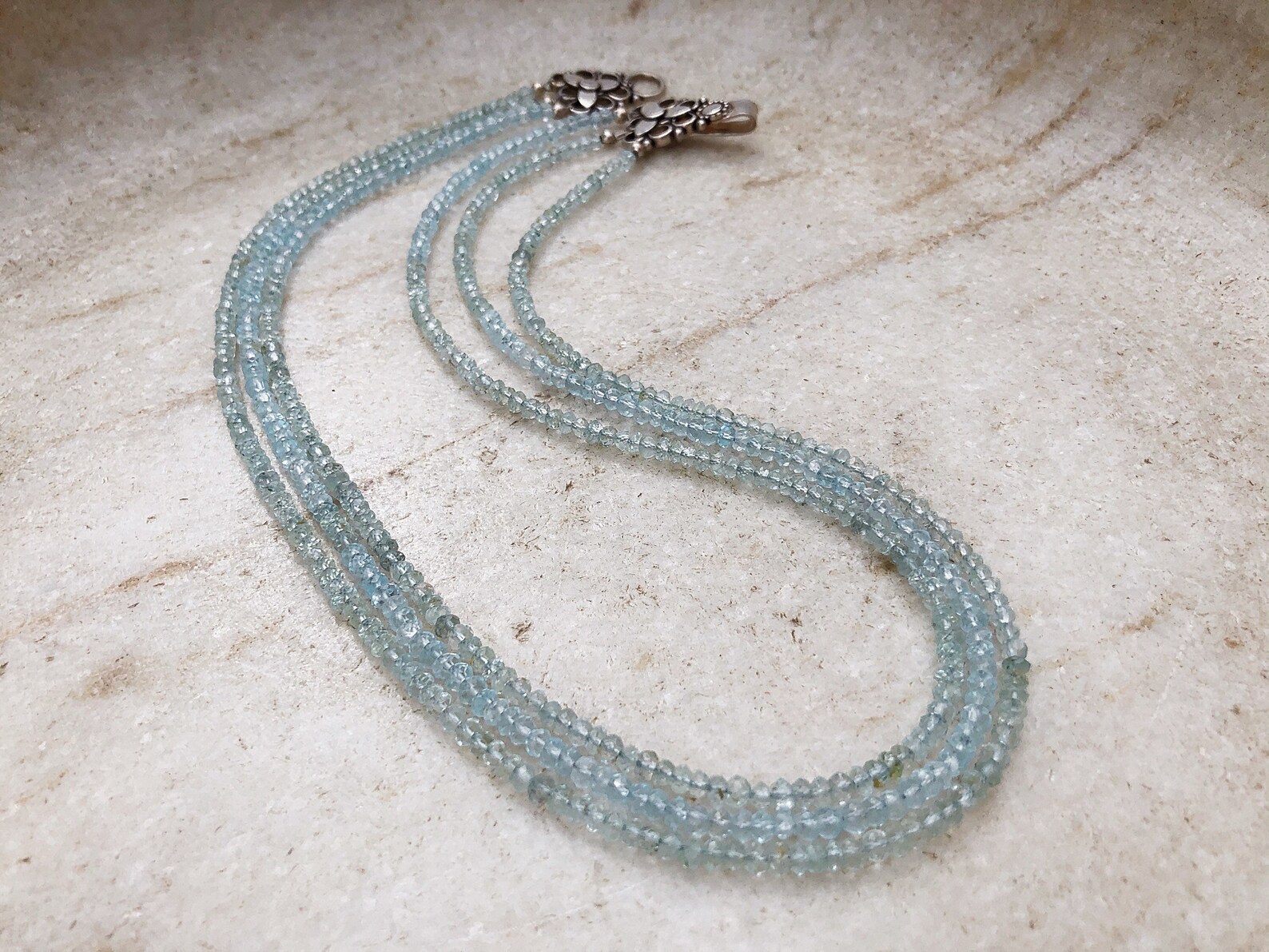 Aquamarine triple strand silver necklace Etsy