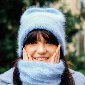 Mink yarn beanie hat and snood Fluffy blue hat and neckwarmer set Angora infinity scarf image 3