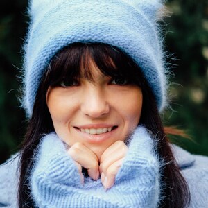 Mink yarn beanie hat and snood Fluffy blue hat and neckwarmer set Angora infinity scarf image 1