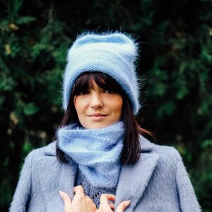 Mink yarn beanie hat and snood Fluffy blue hat and neckwarmer set Angora infinity scarf image 2