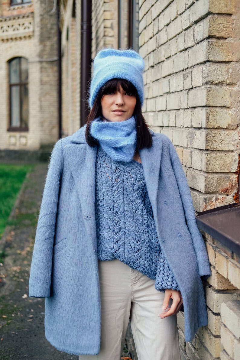 Mink yarn beanie hat and snood Fluffy blue hat and neckwarmer set Angora infinity scarf image 6