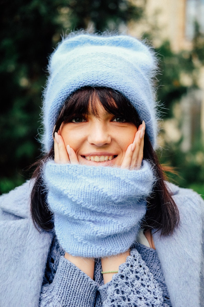 Mink yarn beanie hat and snood Fluffy blue hat and neckwarmer set Angora infinity scarf image 3