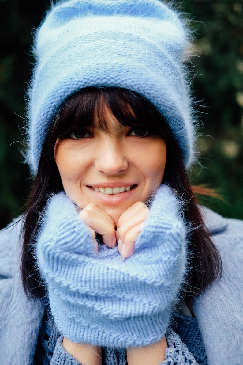 Mink yarn beanie hat and snood Fluffy blue hat and neckwarmer set Angora infinity scarf image 1