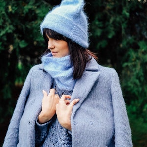 Mink yarn beanie hat and snood Fluffy blue hat and neckwarmer set Angora infinity scarf image 4