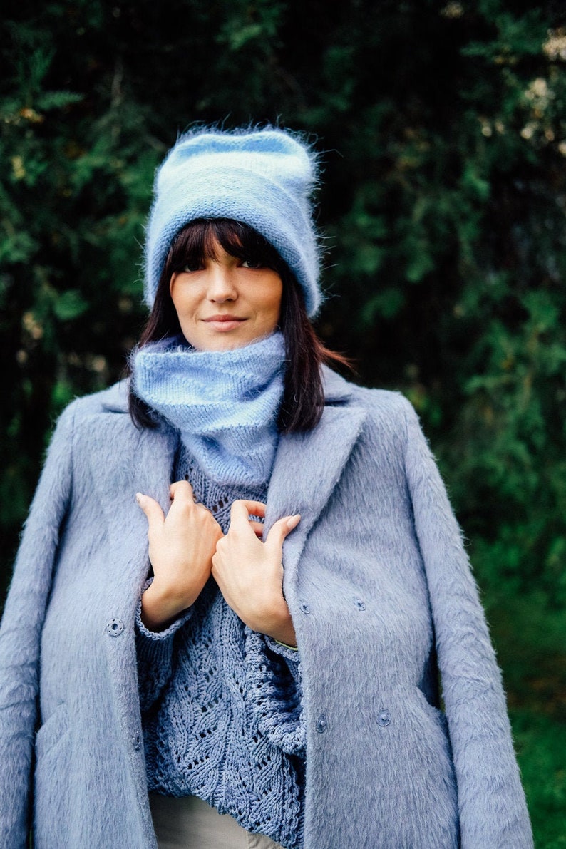 Mink yarn beanie hat and snood Fluffy blue hat and neckwarmer set Angora infinity scarf image 2