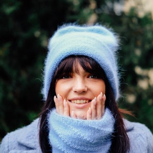 Mink yarn beanie hat and snood Fluffy blue hat and neckwarmer set Angora infinity scarf image 5