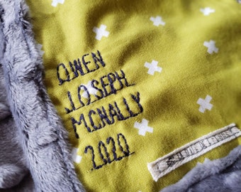 Machine Embroidered Name and or Date.  Add a Machine Embroidered Name Tag or Date to a Stock Quilt or Blanket Purchase