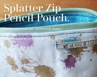Handmade Splatter Print Canvas Pencil Pouch with Vintage Zipper