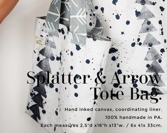 Hand-Printed Canvas Tote Bag: Splatter Ink & Arrow Design