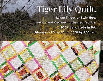 Large Throw or Twin Quilt, Log Cabin Quilt, Geometry Dash Pattern, OOP Heather Ross Tiger Lily Fabrics, Handmade Quilt