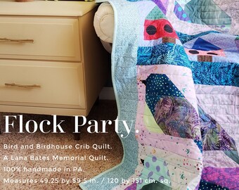 Flock Party Baby Quilt, Bird Baby Quilt, Modern Bright Baby Quilt, Modern Child's Quilt, Crib Quilt, LB Memorial Quilt Project