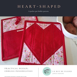 Puede incluir: Un patrón PDF imprimible para un posavasos en forma de corazón. El patrón incluye instrucciones con diagramas, requisitos de tela, sugerencias de acabado y un video de costura. El posavasos terminado mide 21,5 cm por 24 cm.