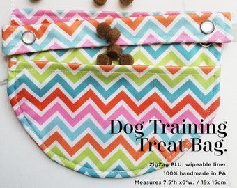 Dog Treat Bag, Treat Training Bag with Belt Loop Adjustable Snaps, Fold Over Food Pocket and Open Back Pocket, (ZigZag Multi) Ready to Ship