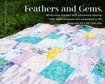 Boho Minky Baby Blanket: Feathers and Gems Patchwork Quilt