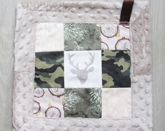 Patchwork Mini Lovey (Camo Stag), Small Baby Blanket, Woodland Baby Lovey, Small Carry Blanket, Baby Snuggly, Security Blanket, TagAlong
