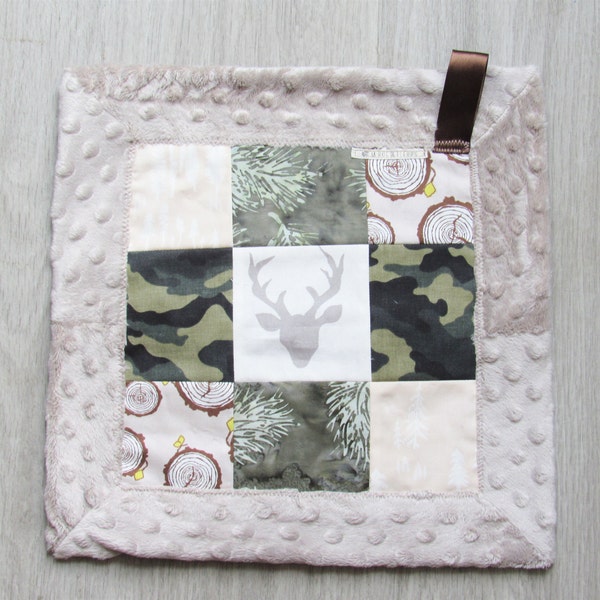 Patchwork Mini Lovey (Camo Stag), Small Baby Blanket, Woodland Baby Lovey, Small Carry Blanket, Baby Snuggly, Security Blanket, TagAlong