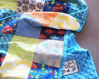 Patchwork Minky Blanket (Ocean Fun), Modern Patchwork Baby Boy Blanket, Ocean Baby Boy Blanket, Modern Nursery Blanket, Submarine & Sharks
