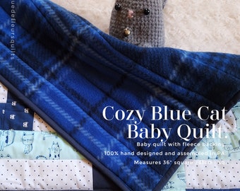 Cozy Blue Cat Baby Quilt, Cat Baby Quilt, Rail Fence Block design, Handmade in PA All Cotton Baby Quilt