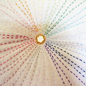 May include: A circular piece of fabric with a rainbow of colors stitched in a radial pattern around a gold button in the center.