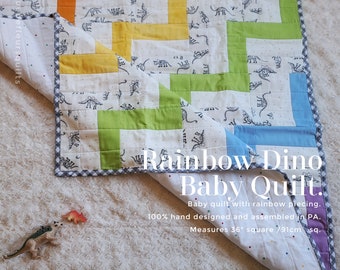 Rainbow Dinosaur Baby Quilt, Dino Baby Quilt, Rail Fence Block design, Handmade in PA All Cotton Baby Quilt