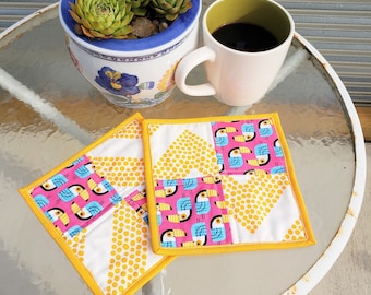 Pot Holder Set, Fabric Trivet, Over sized Coasters, Hot Pad Set, Mug Rug Set of Two (Toucan Fiesta)