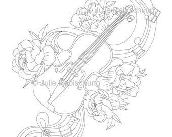 violin coloring pages,printable coloring page,digital coloring page,adult coloring book,floral coloring page