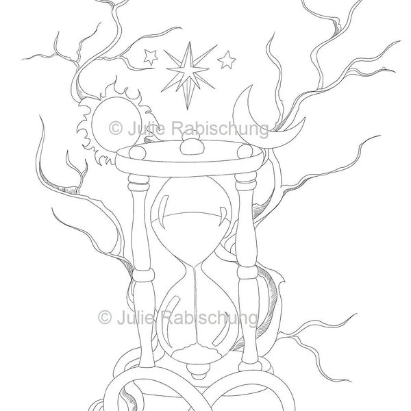 printable hourglass coloring page,sun and moon coloring page,hourglass tattoo design, adult coloring,time, digital coloring page