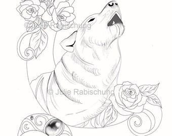 wolf and moon coloring page,printable wolf coloring page,animal coloring page,tattoo style coloring book, adult coloring book