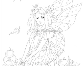 fairy coloring page, printable fairy coloring page, digital fairy coloring page, autumn fairy coloring page,fairy digital stamp,apples fairy