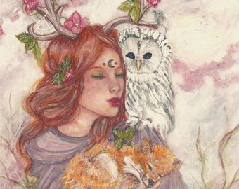Art print,mother nature,woman,moon,owl,fox,forest,fantasy art,goddess of nature,gaia, animals,trees,painting,wall decor,collectible,art