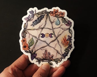 elemental pentagram sticker, 4 elements pentagram sticker, pagan sticker, wicca sticker, pentagram laptop decal, wicca journal sticker,
