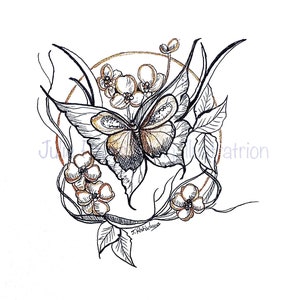 butterfly and flowers ink art, original butterfly ink drawing, ink and gold butterfly artwork, butterfly artwork, butterfly art