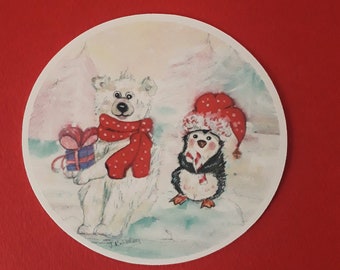 polar bear and penguin sticker, cute polar bear and penguin friends decal, winter vinyl sticker, christmas friends sticker