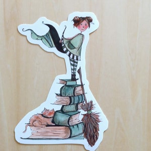 book witch sticker, witch sticker, witch laptop sticker, witch and book sticker, witch and cat sticker, witch decal
