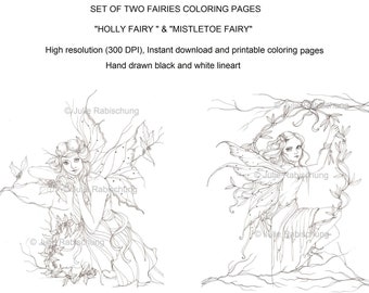 Set of two fairies coloring pages,fairy coloring page,instant download coloring page,printable coloring page,adult coloring