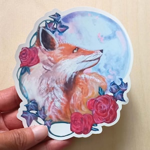 fox and moon sticker, fox sticker, fox and moon laptop decal, fox decal, fox vinyl sticker, fox, moon, roses, fox journal sticker