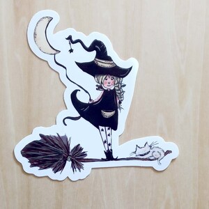 moon witch sticker, cute moon witch sticker, with with broom and cat sticker, witch laptop sticker, witchy sticker