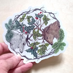 oak and holly deers forest art sticker, Yule inspired sticker, pagan art sticker, oak king and holly king art sticker, animal sticker