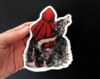 Little red riding hood sticker, fairy tales vinyl decal, red riding hood and wolf sticker, journal sticker, vinyl laptop decal