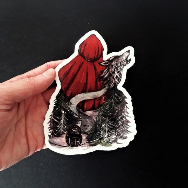 Little red riding hood sticker, fairy tales vinyl decal, red riding hood and wolf sticker, journal sticker, vinyl laptop decal