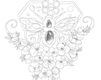 bee coloring page,flowers coloring page,jewel coloring page,tattoo style coloring book,adult coloring,printable digital coloring pagel