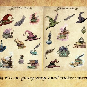 Witch and school of magic journal stickers, Book of Shadows stickers, sticker sheet for journaling and scrapbooking, junk journal ephemera