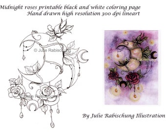 Printable moon, roses, tattoo style,neotraditional coloring page, digital stamp,lineart,nature,symbolism,flowers,scrapbooking,adult coloring