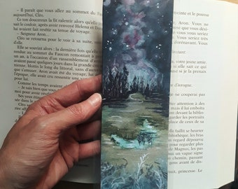 Printed watercolor landscape bookmark, dark forest bookmark, starry sky bookmark, blue and green landscape, laminated bookmark