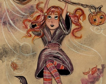 witch art print,cute witch art,whimsical witch art,broomstick,pumpkin,witch art print,fantasy art,art print,art and collectibles