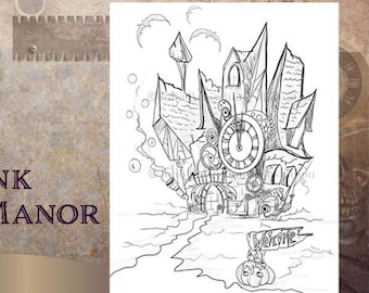 Pagina da colorare di casa stregata di Halloween, pagina da colorare di Halloween in stile steampunk, pagina da colorare di casa stregata in stile steampunk, pagina da colorare di Halloween per adulti