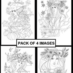 printable pack of 4 coloring pages, 4 seasons coloring pages,woman portraits coloring pages,adult coloring,woman faces seasons coloring